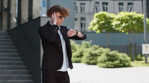 Businessman Check Time Looking at Wrist Watch Shock Lateness Hurry Go Faster Quickly Walking in City