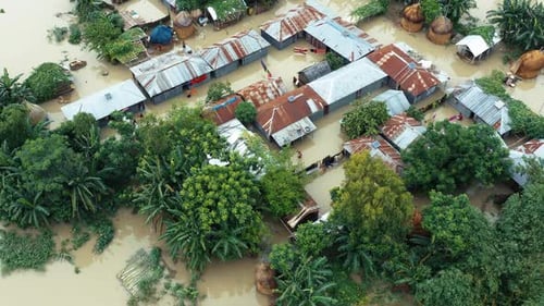 Aerial view of flooded village, Bangladesh.
