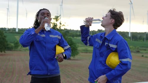 Zwei Ingenieure trinken nach der Arbeit Wasser gegen Windpark