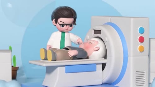 3D Cartoon Doctor Oversees Patient Medical Scan Animation