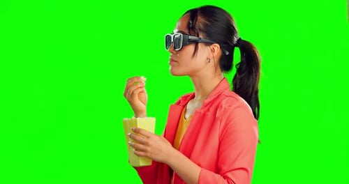 Movies, green screen and woman in glasses, 3d cinema experience and eating popcorn isolated