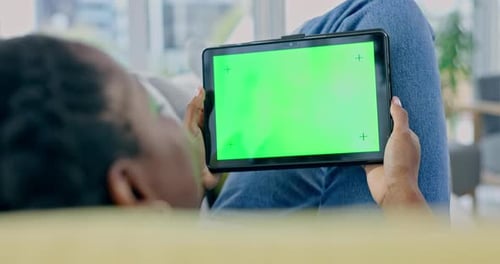 Person, tablet and green mockup in home to watch movies, subscription blog