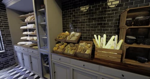 Bread Display in a Cozy Bakery Showcasing Various Baked Goods and Decor
