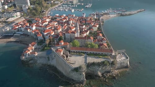 The old town of Budva shot from a drone. The best sights of Montenegro. Budva Old Town.