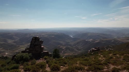 Drone Shot of Stunning Nature Landscape with Green Mountain Valley and River. Torre de Moncorvo,