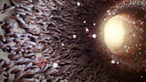 Microscopic view of gut lining with bacteria and nutrients