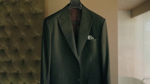 black formal suit with pocket square ready for groom’s wedding morning