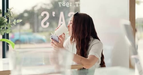 Happiness, woman and coffee break in a city restaurant at lunch for freedom