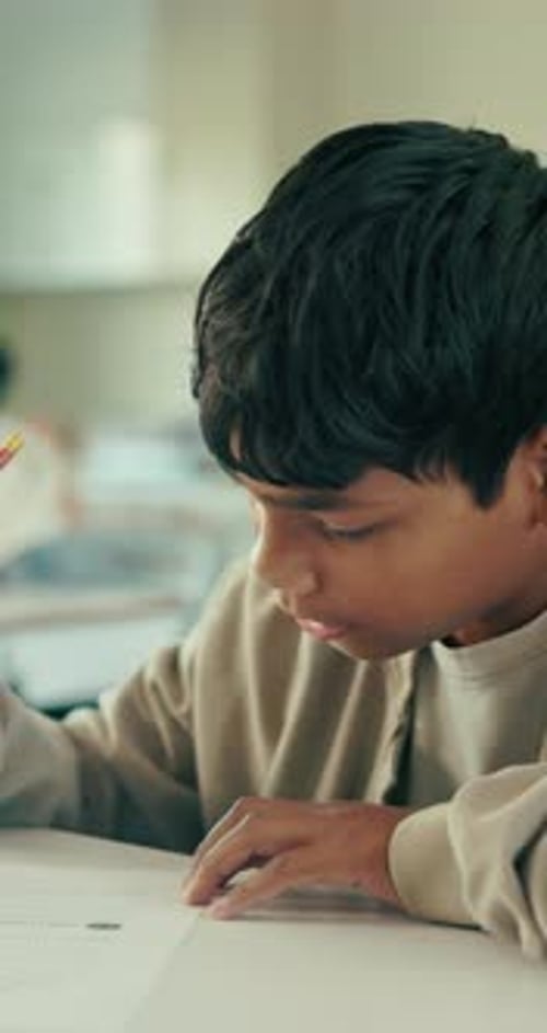 Education, quiz and thinking with boy in classroom for learning, knowledge and growth