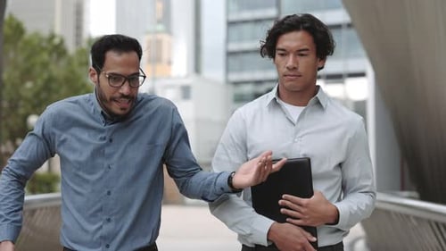 Two Business Partners Emotionally Discuss the Crisis Situation While Walking in the Big City