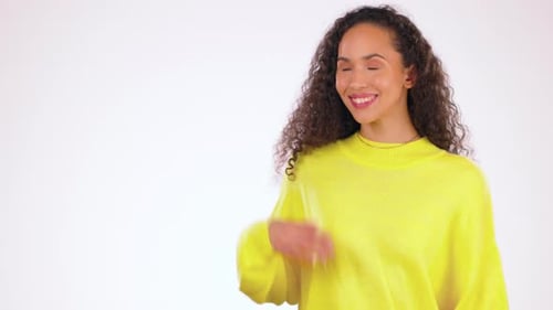 Presenting, mockup and smile with black woman in studio for advertising