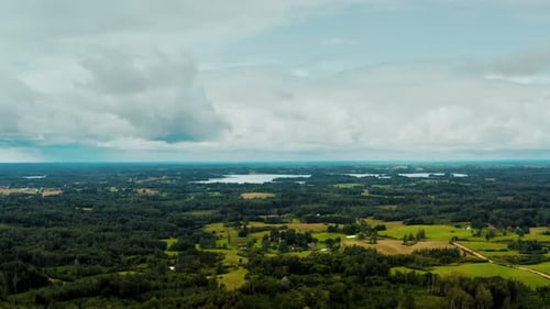 Aerial view of forest in verdant countryside landscape. Cloudy day. Lake in a distance.
