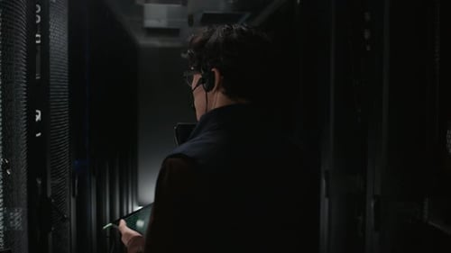 Data Center Technician Inspecting Server Ports with Tablet