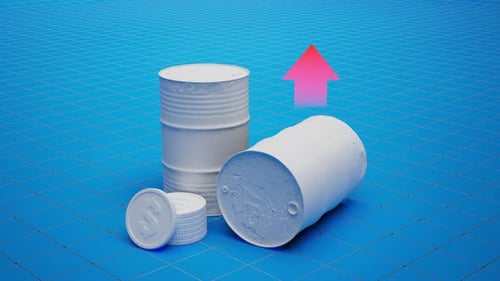 3D Animation of Oil Barrels, Dollar Coins, and Upward Trend