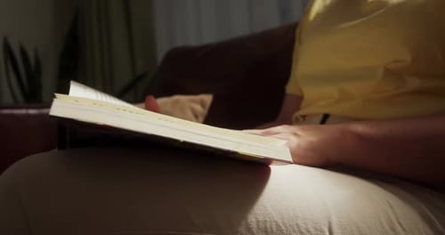 Young Woman Reading Book in Cozy Living Room Turning Page Learning Studying Education Read Books