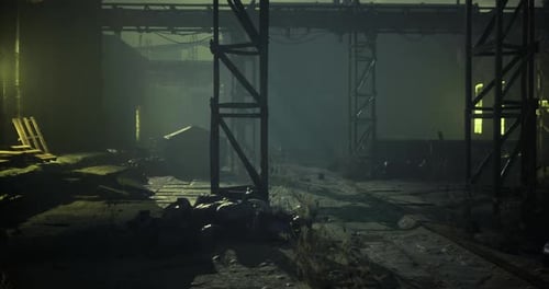 Grungy Industrial Factory Interior with Moving Fog Animation