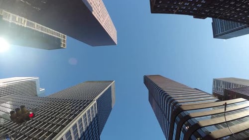 POV view of skyscraper buildings in the city. modern financial business district