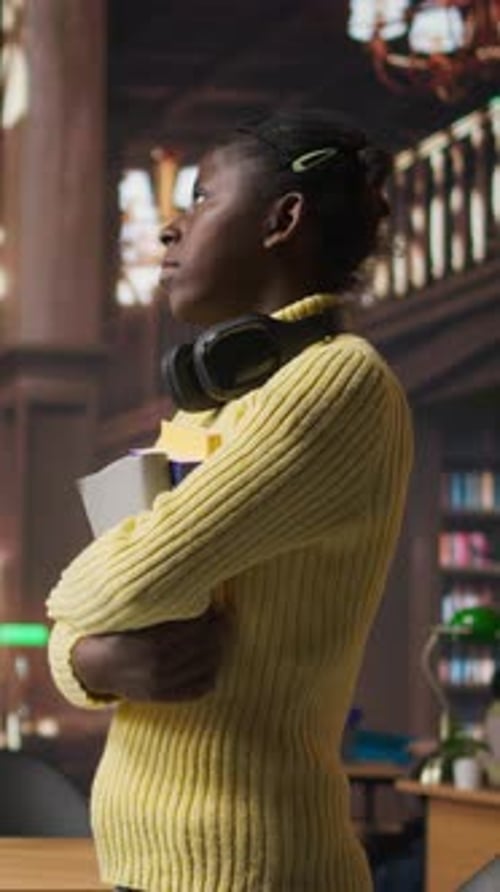 Vertical Video Portrait of Cute Teenager Carrying Textbooks and Study Materials in the Library