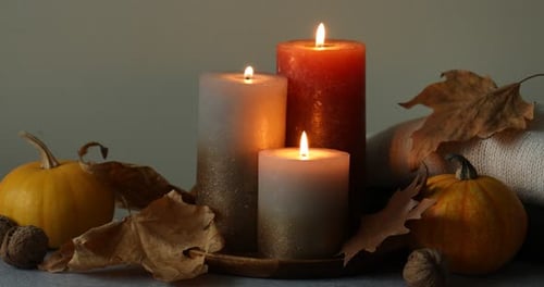 Autumn Candles, Pumpkins, and Fall Leaves Still Life