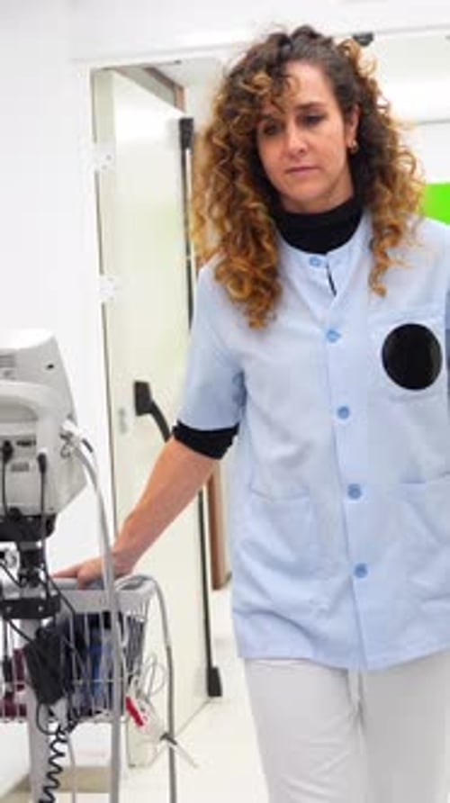 Nurse Carrying Oxygen Support in a Hospital Corridor