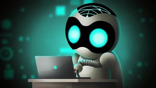 AI Robot Typing on Laptop with Digital Background