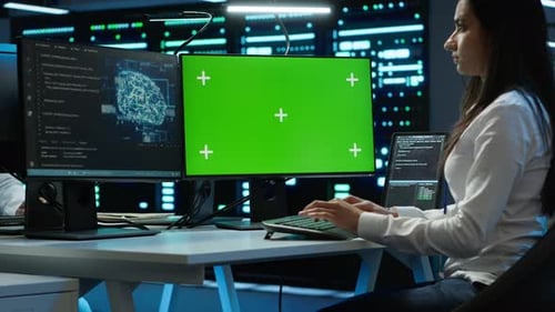 Technician Doing Checkup on Green Screen Server Hub PC Using AI Tech