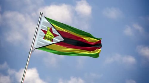 Zimbabwe National Flag Waving in Realistic Blue Sky
