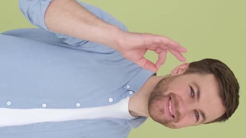 Attractive Cheerful Guy Showing Ok Advertisement Sign Isolated Over Bright Green Color Background