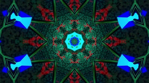Kaleidoskop aus blauen und grünen Blüten mit schwarzer Mitte. Kaleidoskop VJ Loop