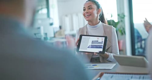 Happy, applause or business people on tablet and smile for company growth