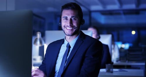 Call center, night and business man on computer for communication, stock market advice