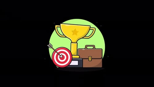 Trophäe mit Tasche und Pfeiltor. Animationsvideo zum Konzept des Geschäftserfolgs — transparent