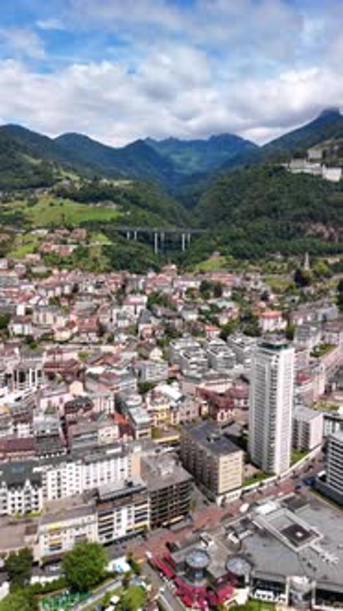 Montreux Switzerland aerial drone town on the shores of Lake Geneva with the Alps in background