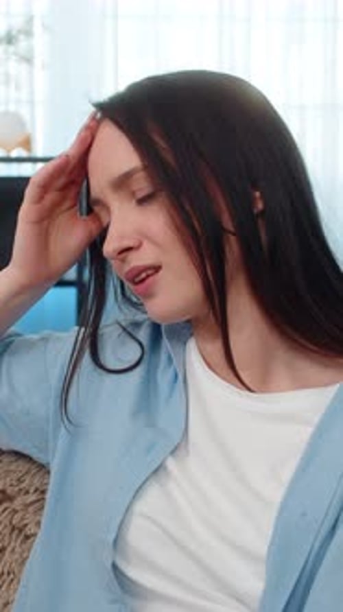 Woman Suffering Severe Headache Sitting Holding Head Exhausted Searching Taking Pain Relief Pills