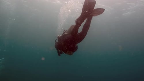 Man Diving In Deep Blue Sea With Sunlight Through Waters. Scuba Diving. underwater