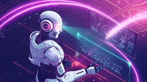 Futuristic Robot Interacting with Holographic Data Interface