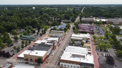 Fremont Michigan drone aerial footage downtown of buildings cityscape