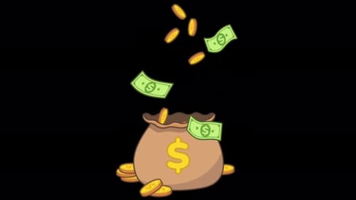 Animated Money Bag Filling with Falling Dollar Bills and Coins