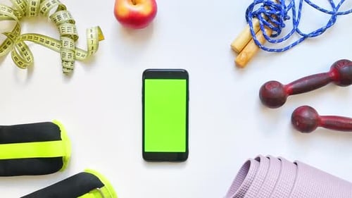 Green Screen Phone And Gym Accessories Mock Up (Zoom Out)