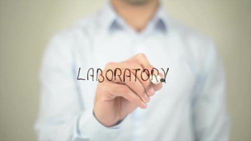 Laboratory, Man Writing on Transparent Screen