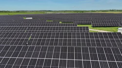 Vast solar panel field under clear blue sky with green grass