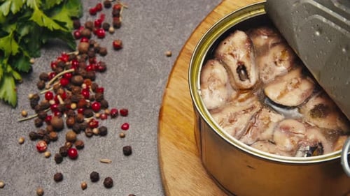 Canned Sardines with Herbs and Spices Macro Shot