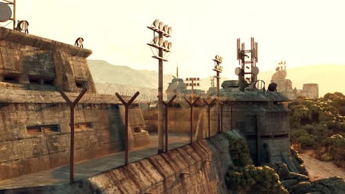 Ein futuristisches Stadtbild mit einem Kriegsbunker einer Militärbasis