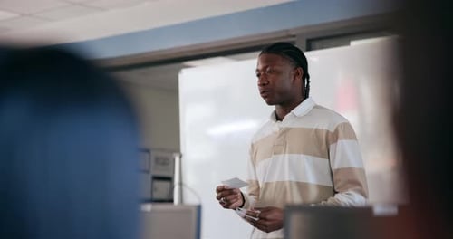 Education, university student and presentation in classroom for speech and learning in science