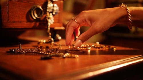 Woman Reaches for Gold Jewelry on a Table