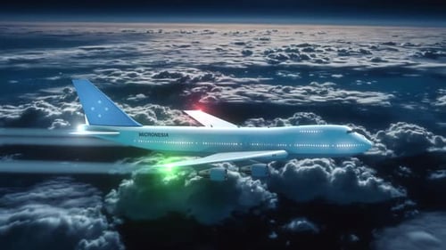 Commercial Airliner Passanger Plane Jet Flying At Night Over Clouds With Country Flag Micronesia