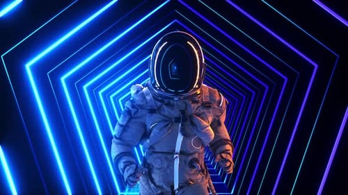 Futuristic Astronaut Running in Neon Hexagon Tunnel Loop
