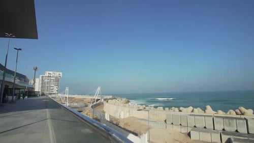 Wide shot of Marina Mall View during beautiful sunny day with blue sky outdoors in Casablanca,Morocc