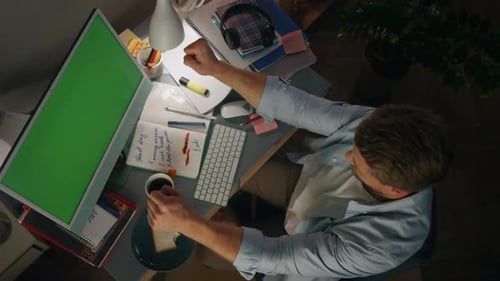 Unrecognizable man explaining mockup pc gesturing decline at virtual night meeting