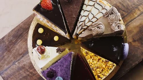 Delicious Array of Cake Slices on Wood Table